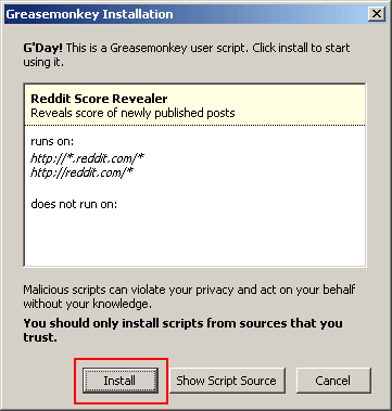 greaseMonkey user script installation dialog